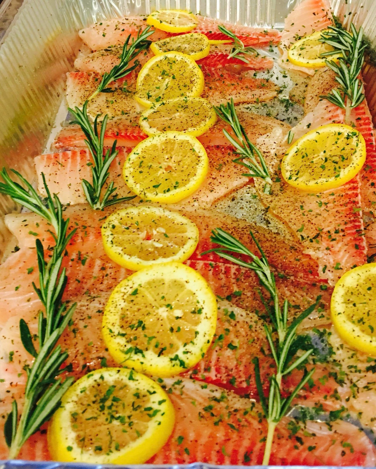 Fish arranged with sliced lemon and rosemary in a catering pan