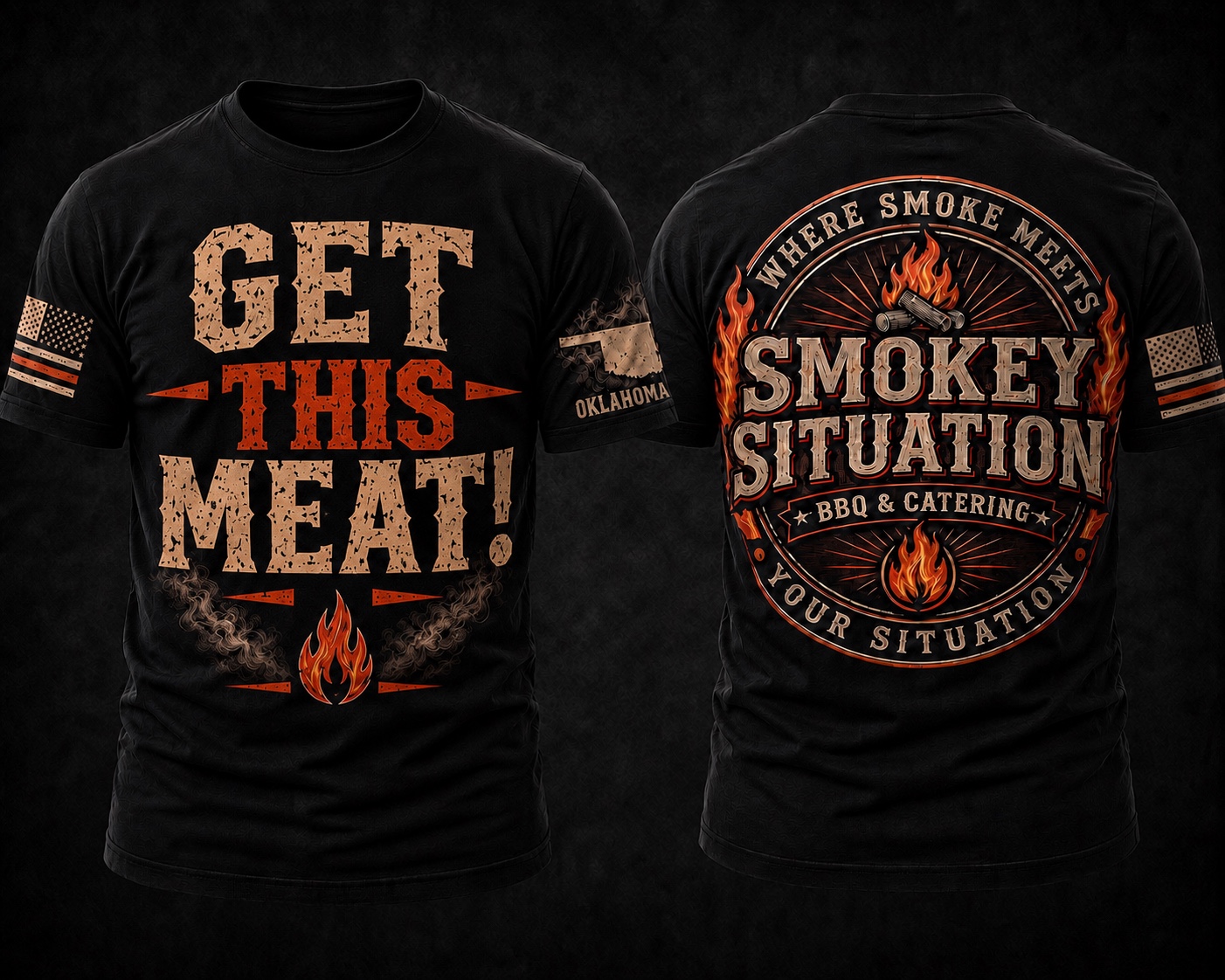 Front and back view of the Get This Meat! Smokey Situation shirt