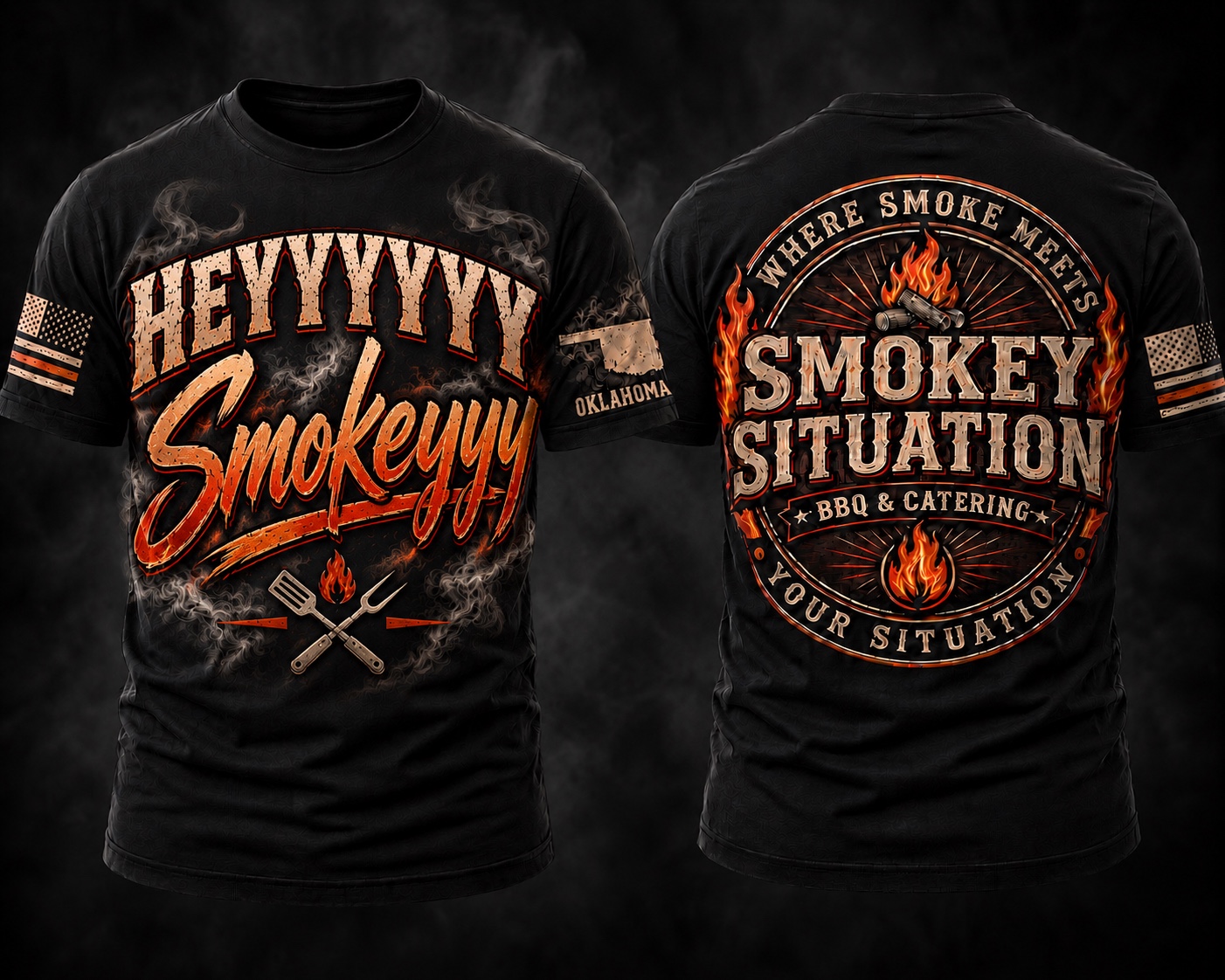 Front and back view of the Heyyyyy Smokeyyy Smokey Situation shirt
