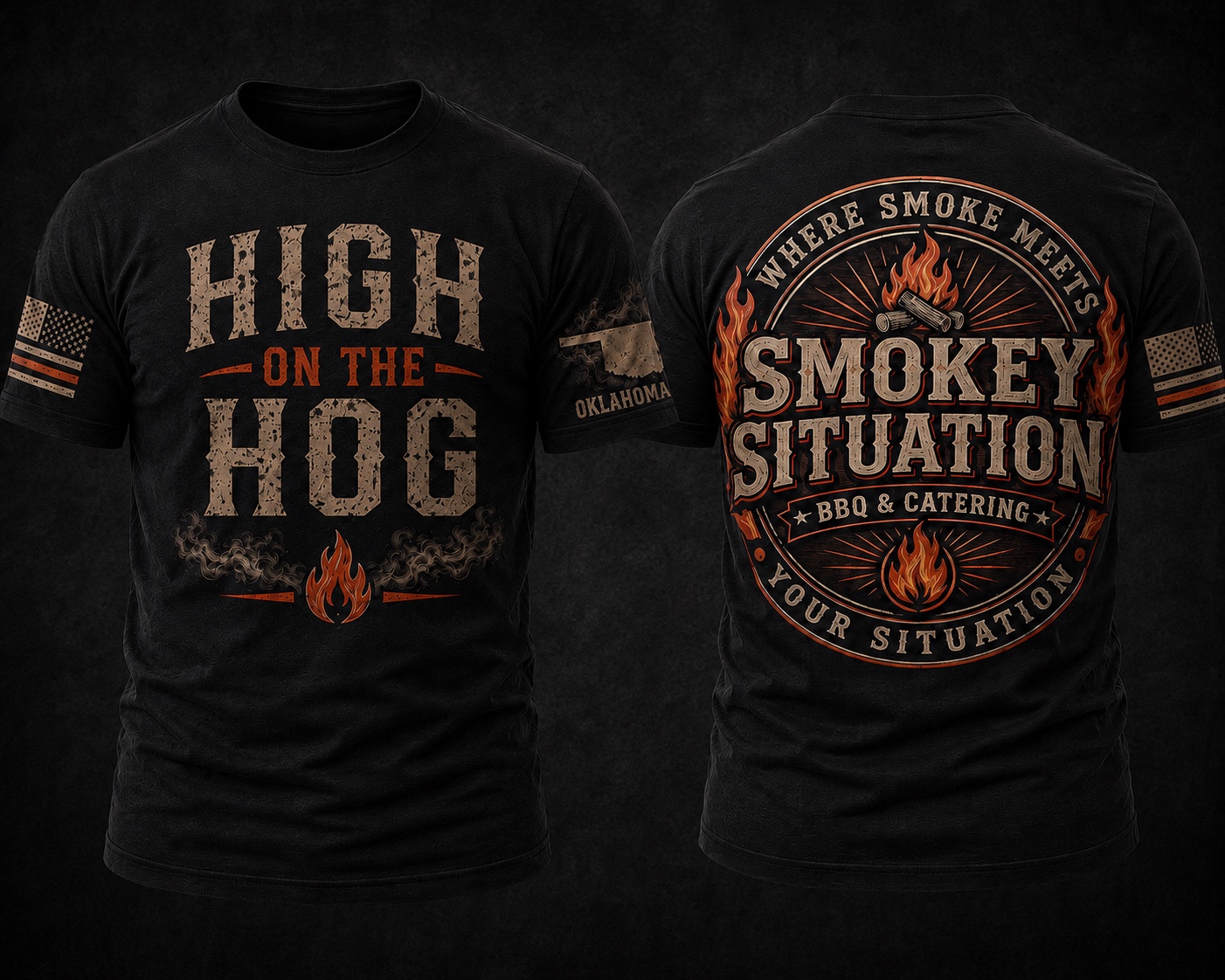 Front and back view of the High on the Hog Smokey Situation shirt
