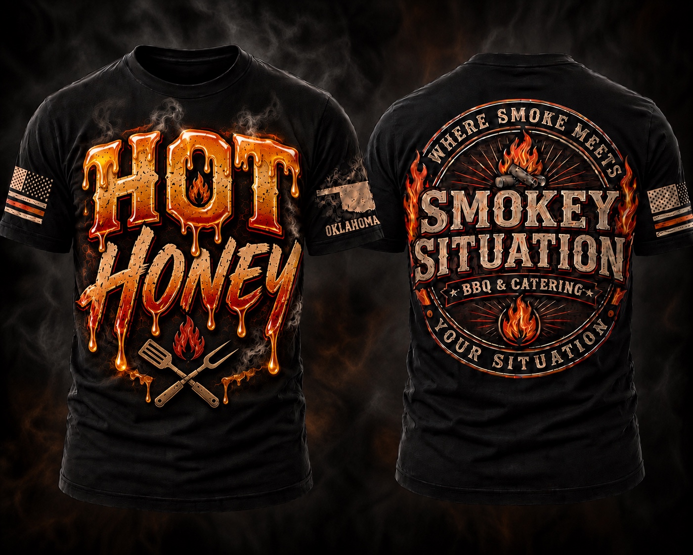 Front and back view of the Hot Honey Smokey Situation shirt