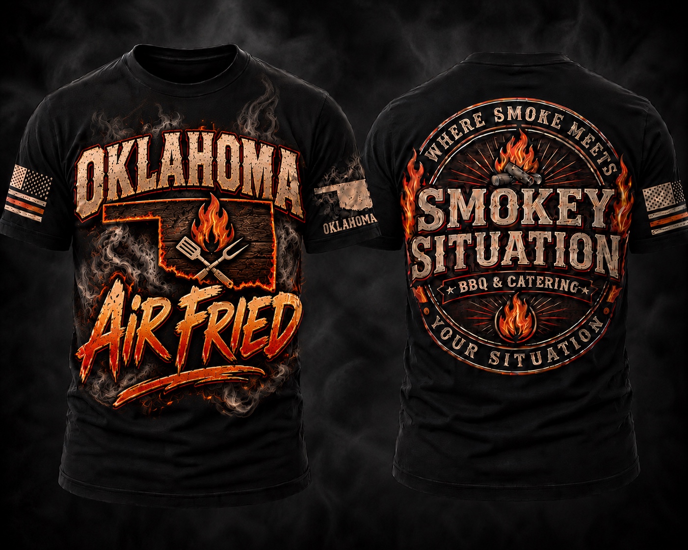 Front and back view of the Oklahoma Air Fried Smokey Situation shirt