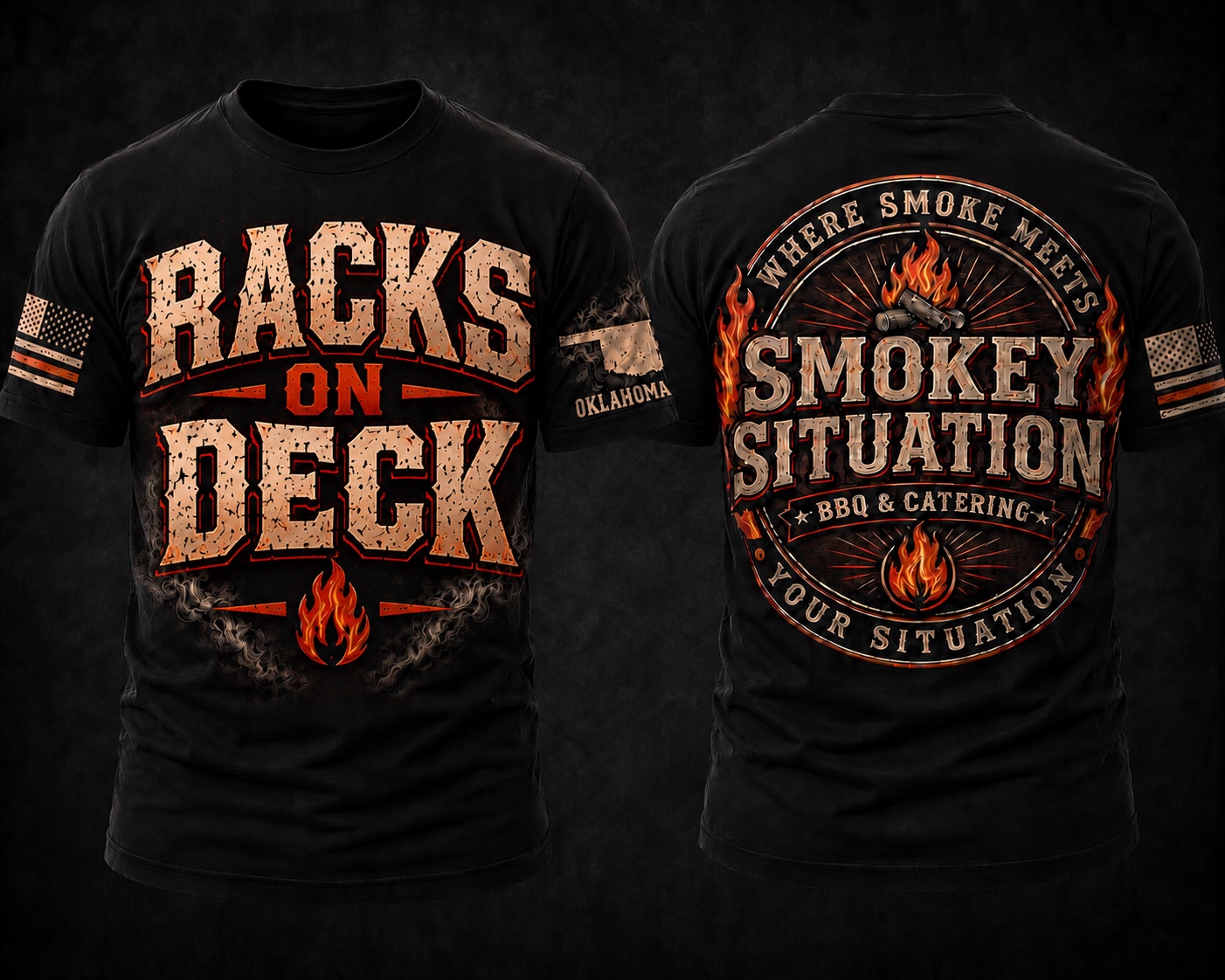 Front and back view of the Racks on Deck Smokey Situation shirt