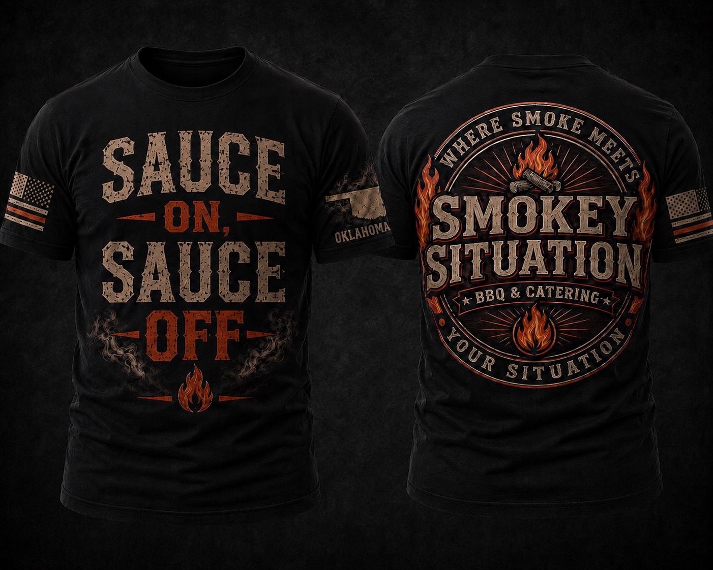 Front and back view of the Sauce On, Sauce Off Smokey Situation shirt