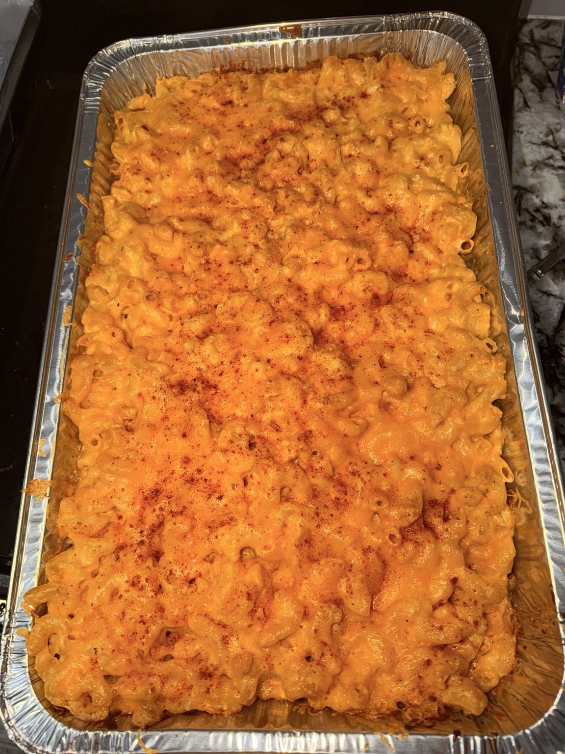 Pan of baked macaroni and cheese